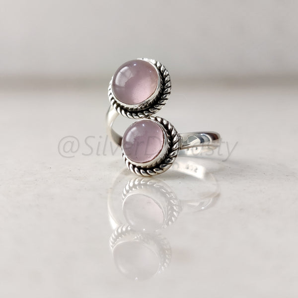 Rose Quartz Ring 925 Solid Sterling Silver Double Stone Ring