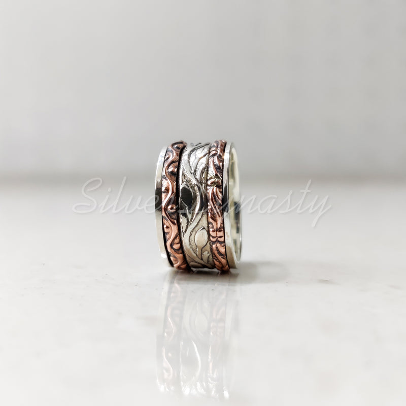 Spinner Ring, 925 Solid Sterling Silver Band, Silver + 2 Copper Spin