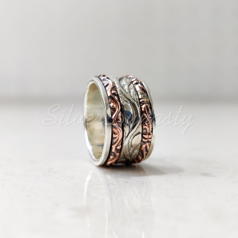 Spinner Ring, 925 Solid Sterling Silver Band, Silver + 2 Copper Spin