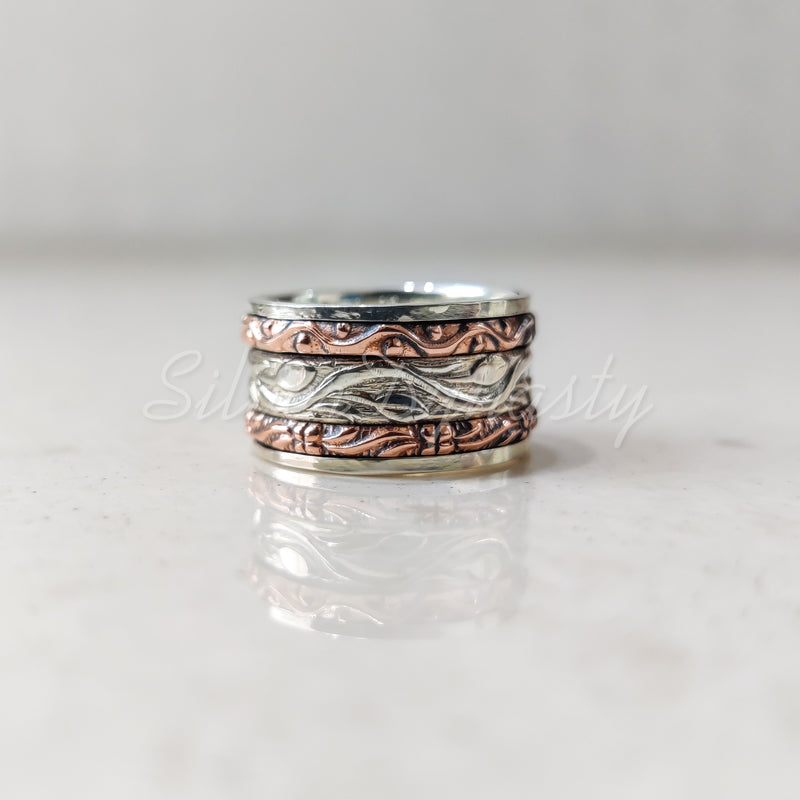 Spinner Ring, 925 Solid Sterling Silver Band, Silver + 2 Copper Spin