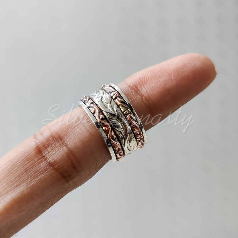 Spinner Ring, 925 Solid Sterling Silver Band, Silver + 2 Copper Spin