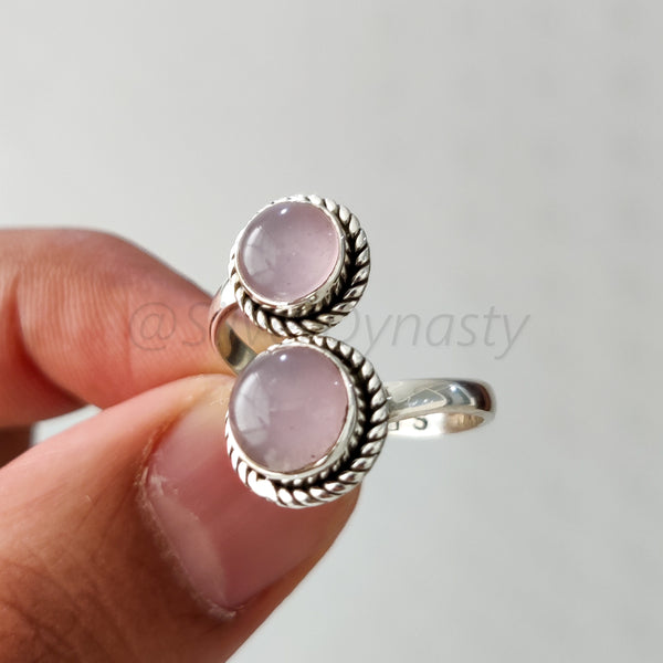 Rose Quartz Ring 925 Solid Sterling Silver Double Stone Ring