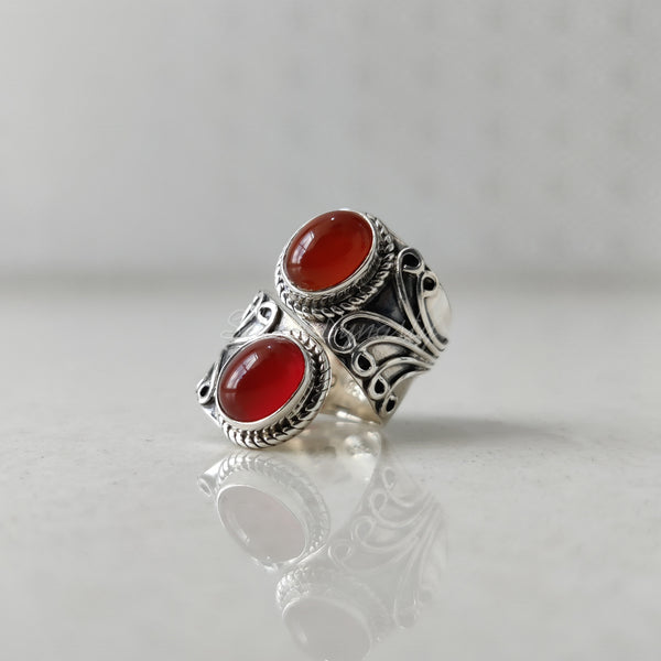 'Modern' Carnelian 925 Solid Sterling Silver Double Stone Ring