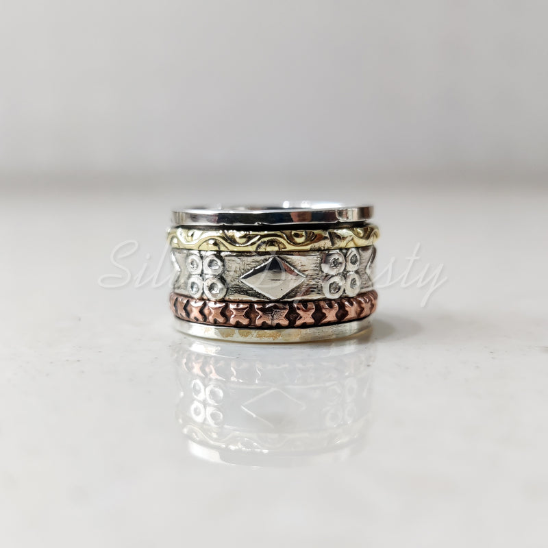 Spinner Ring, 925 Solid Sterling Silver Band, Silver + Brass + Copper Spin