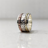 Spinner Ring, 925 Solid Sterling Silver Band, Silver + Brass + Copper Spin