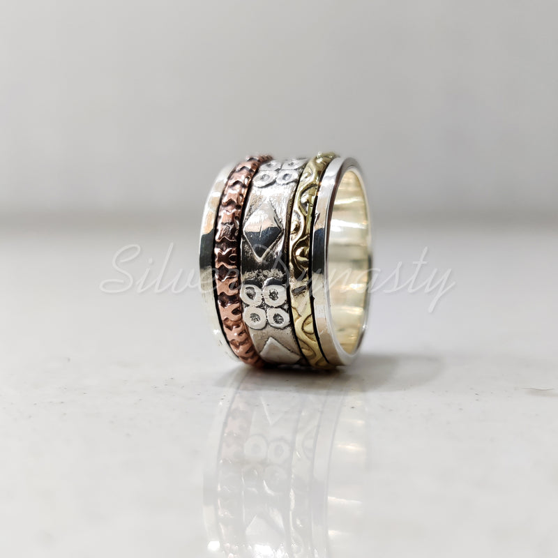 Spinner Ring, 925 Solid Sterling Silver Band, Silver + Brass + Copper Spin