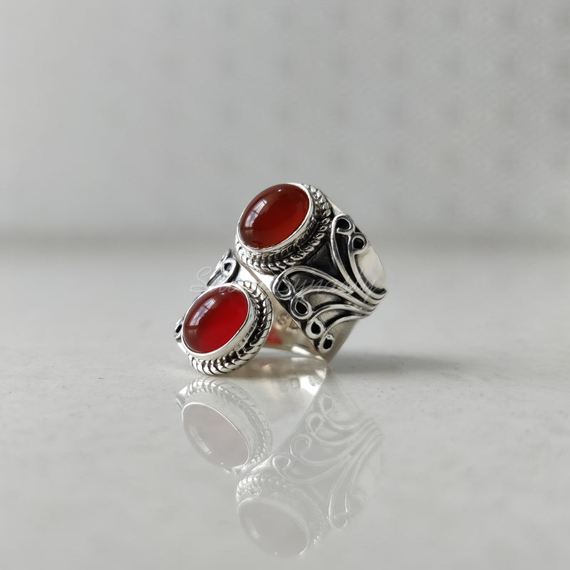 'Modern' Carnelian 925 Solid Sterling Silver Double Stone Ring