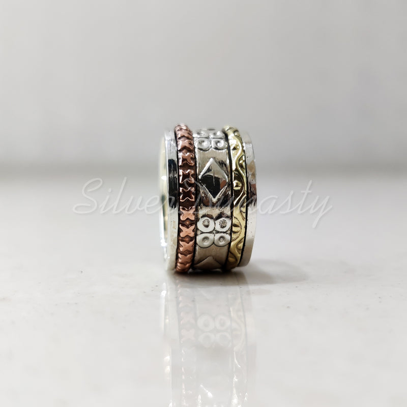 Spinner Ring, 925 Solid Sterling Silver Band, Silver + Brass + Copper Spin