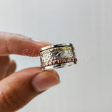 Spinner Ring, 925 Solid Sterling Silver Band, Silver + Brass + Copper Spin