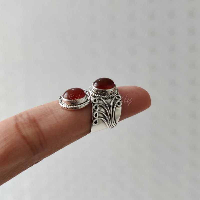 'Modern' Carnelian 925 Solid Sterling Silver Double Stone Ring