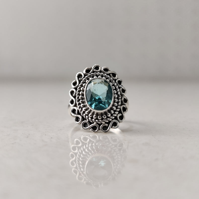 'Boho' Blue Topaz 925 Solid Sterling Silver Flower Ring