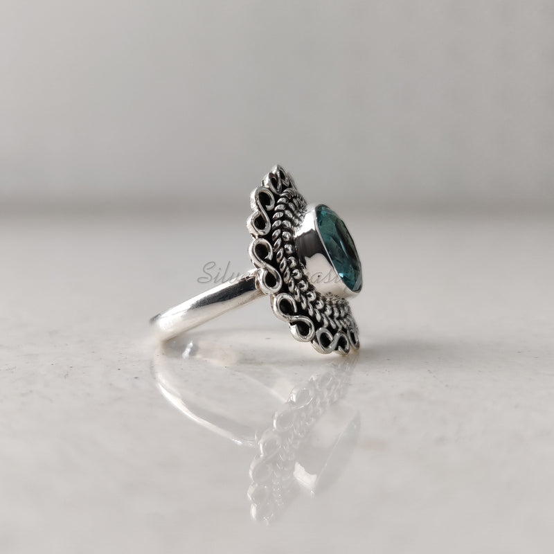 'Boho' Blue Topaz 925 Solid Sterling Silver Flower Ring