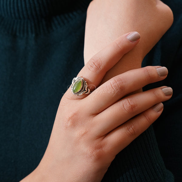 Natural Peridot, 925 Solid Sterling Silver Ring Cabochon