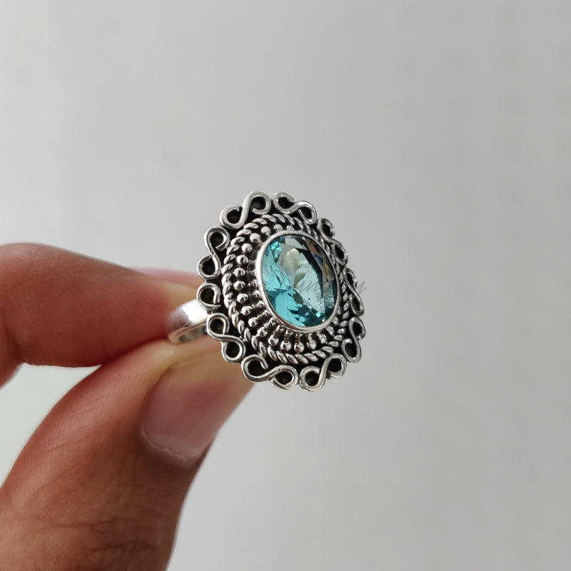 'Boho' Blue Topaz 925 Solid Sterling Silver Flower Ring