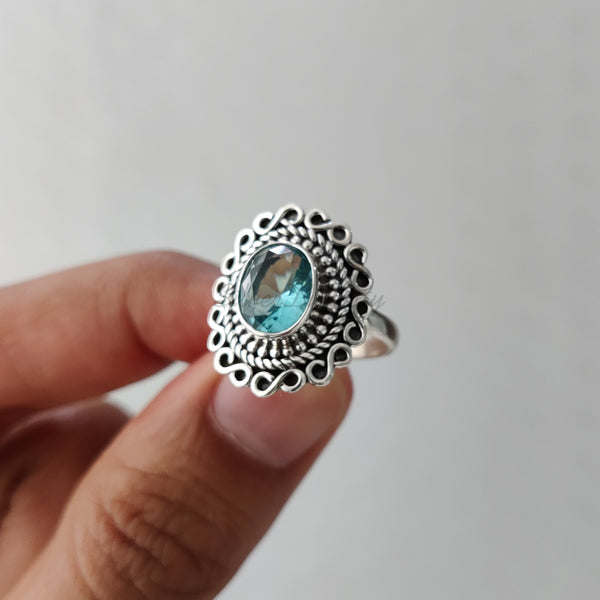 'Boho' Blue Topaz 925 Solid Sterling Silver Flower Ring