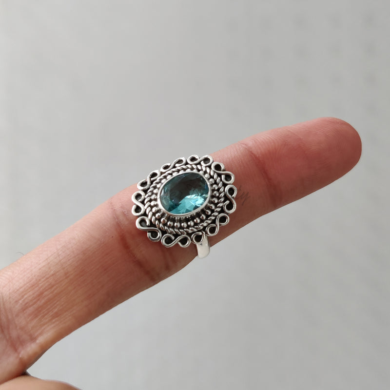 'Boho' Blue Topaz 925 Solid Sterling Silver Flower Ring