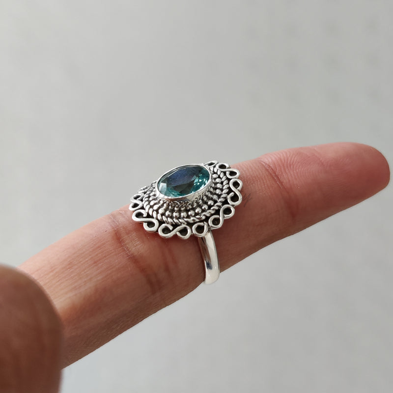 'Boho' Blue Topaz 925 Solid Sterling Silver Flower Ring