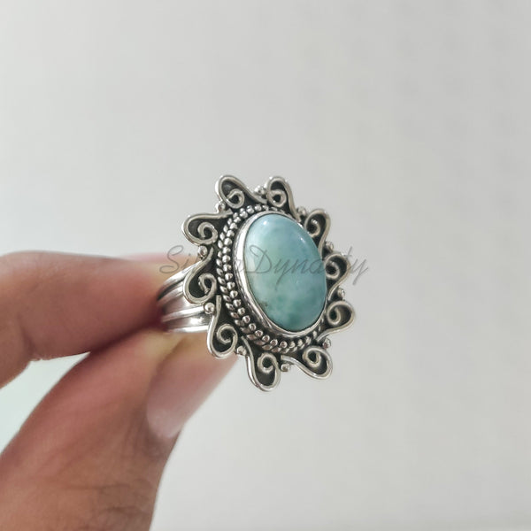 'Flower' Larimar 925 Solid Sterling Silver Ring