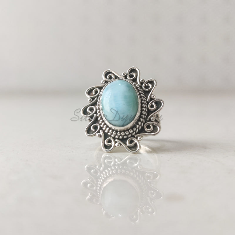 'Flower' Larimar 925 Solid Sterling Silver Ring