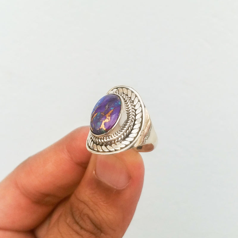 'Boho' Purple Copper Turquoise 925 Solid Sterling Silver Ring