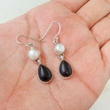 'Minimalist' Pearl and Onyx 925 Solid Sterling Silver Earrings