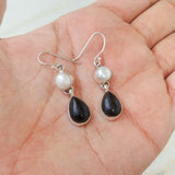 'Minimalist' Pearl and Onyx 925 Solid Sterling Silver Earrings