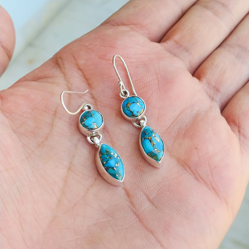 'Boho' Blue Copper Turquoise 925 Solid Sterling Silver Earrings