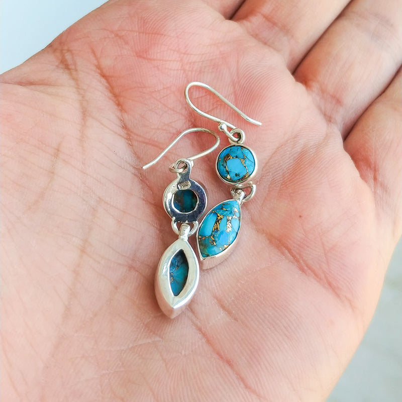 'Boho' Blue Copper Turquoise 925 Solid Sterling Silver Earrings