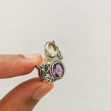 'Boho' Multistone Amethyst and Citrine 925 Solid Sterling Silver Ring