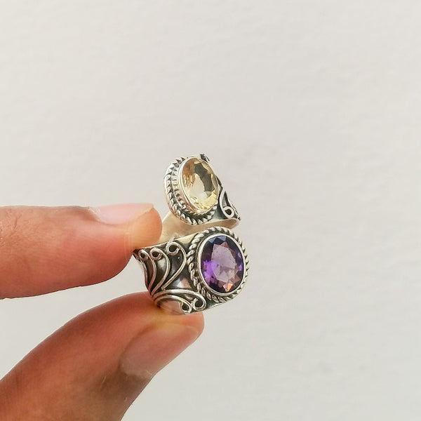 'Boho' Multistone Amethyst and Citrine 925 Solid Sterling Silver Ring