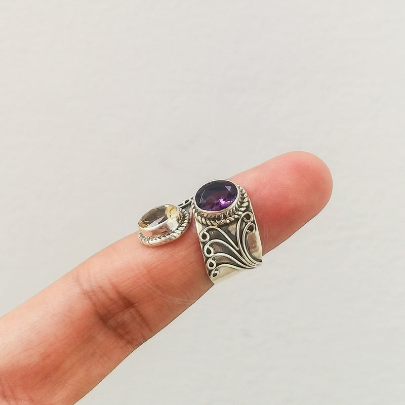 'Boho' Multistone Amethyst and Citrine 925 Solid Sterling Silver Ring