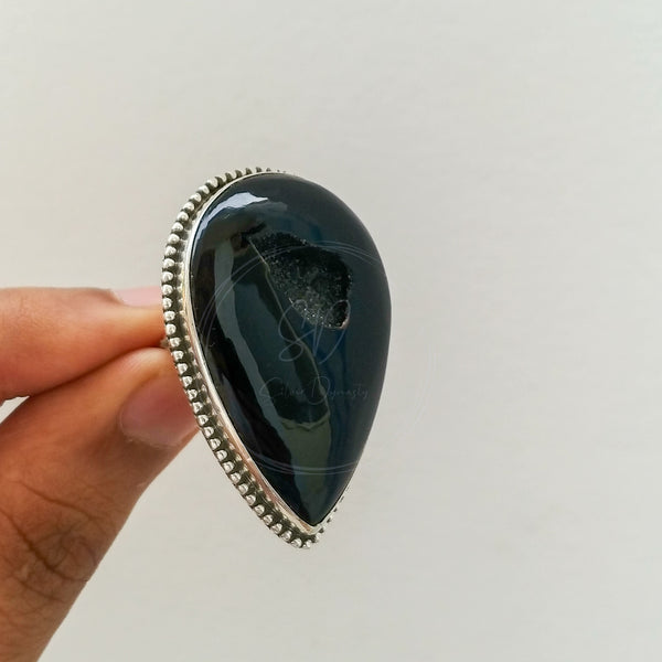 'Designer' Black Onyx Druzy 925 Solid Sterling Silver Ring