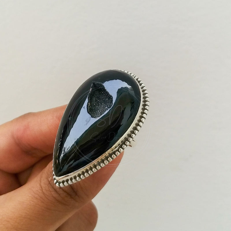 'Designer' Black Onyx Druzy 925 Solid Sterling Silver Ring