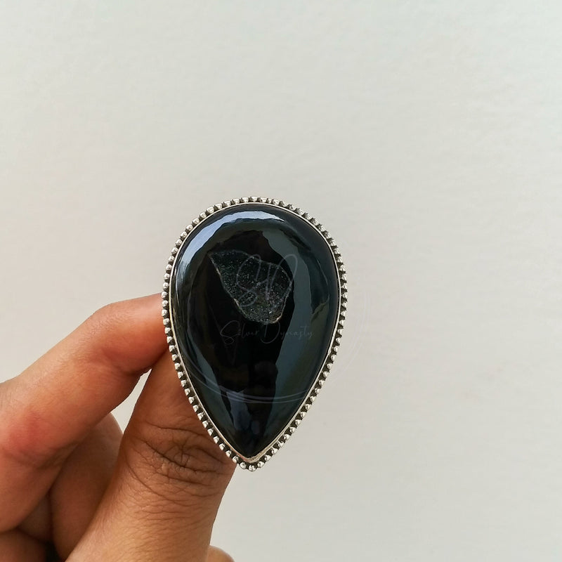 'Designer' Black Onyx Druzy 925 Solid Sterling Silver Ring