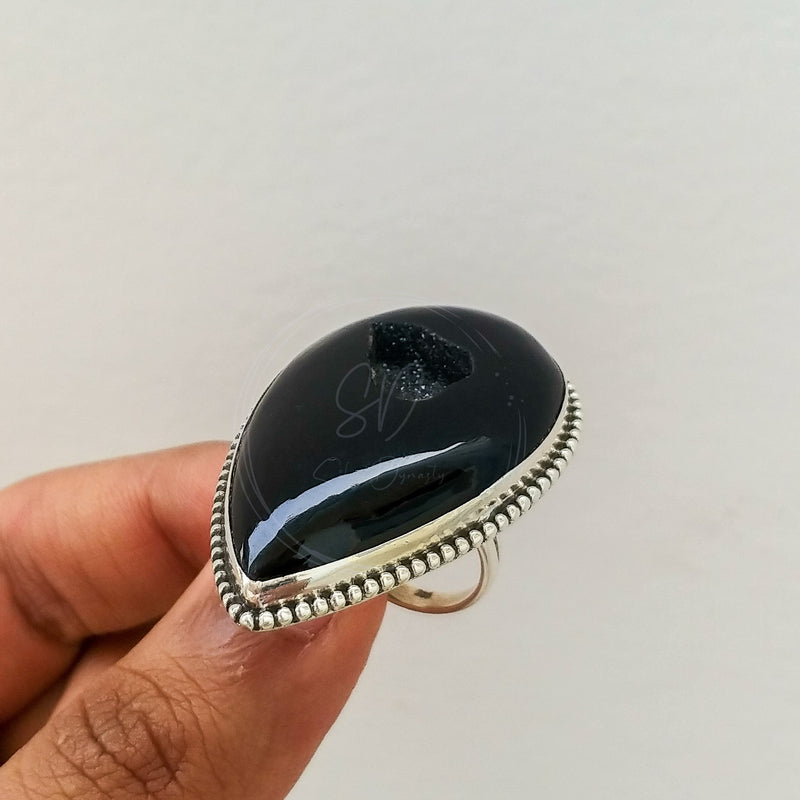 'Designer' Black Onyx Druzy 925 Solid Sterling Silver Ring