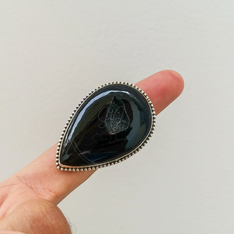 'Designer' Black Onyx Druzy 925 Solid Sterling Silver Ring