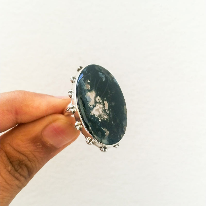 'HEBE' Moss Agate 925 Solid Sterling Silver Ring