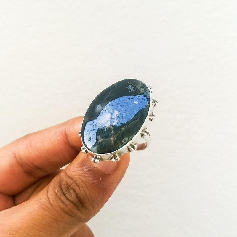 'HEBE' Moss Agate 925 Solid Sterling Silver Ring