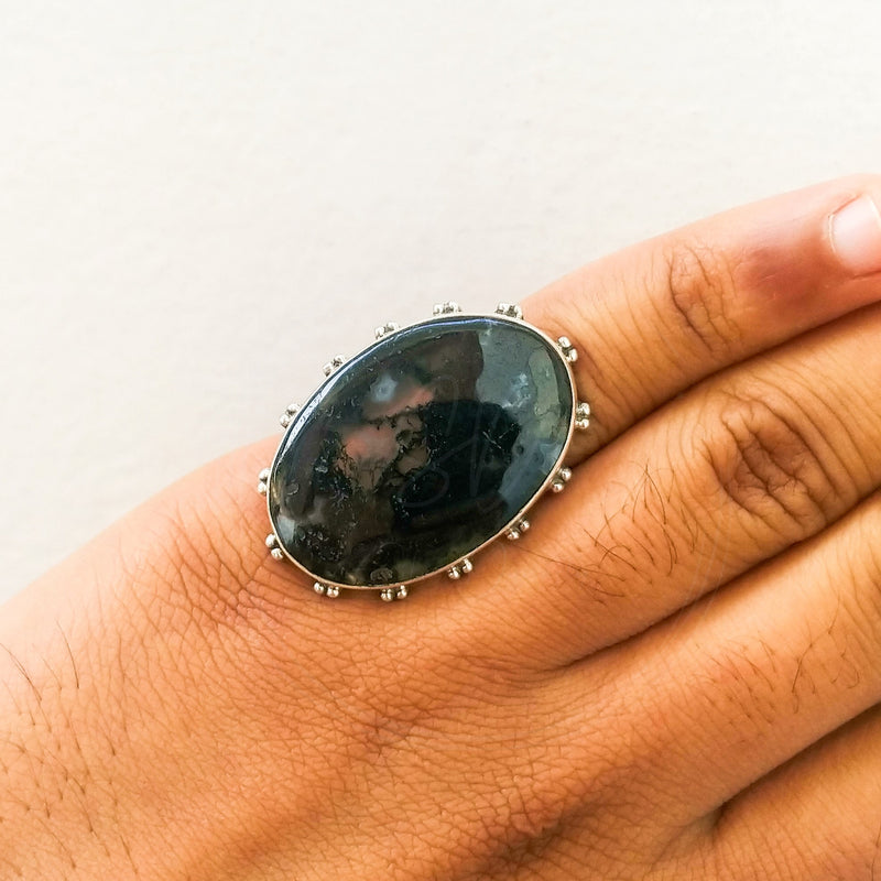 'HEBE' Moss Agate 925 Solid Sterling Silver Ring