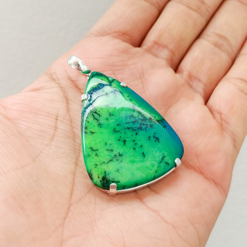 'Minimalist' Green Dendritic Opal 925 Solid Sterling Silver Pendant