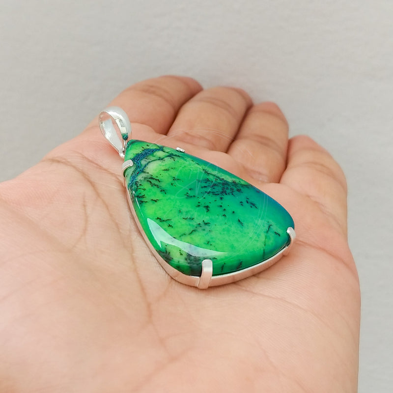 'Minimalist' Green Dendritic Opal 925 Solid Sterling Silver Pendant