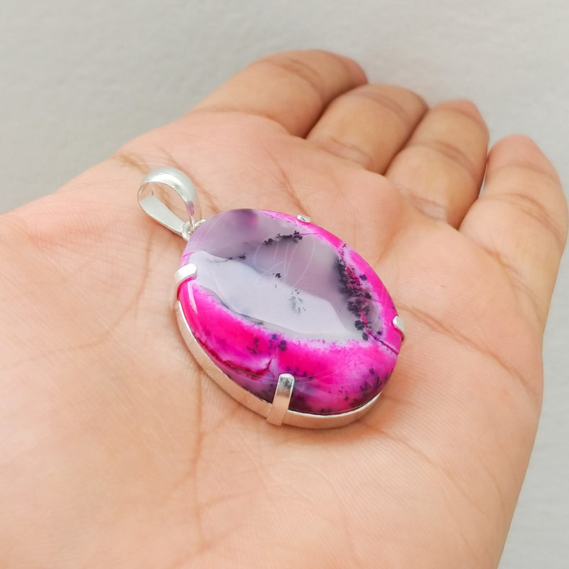 'Minimalist' Pink Dendritic Opal 925 Solid Sterling Silver Pendant