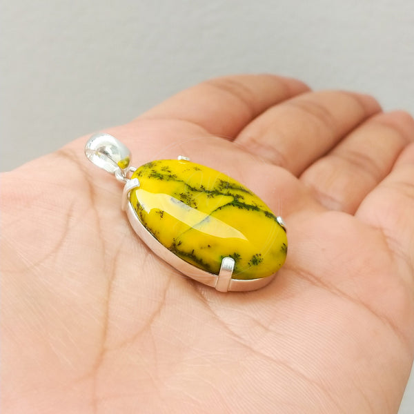 'Minimalist' Yellow Dendritic Opal 925 Solid Sterling Silver Pendant