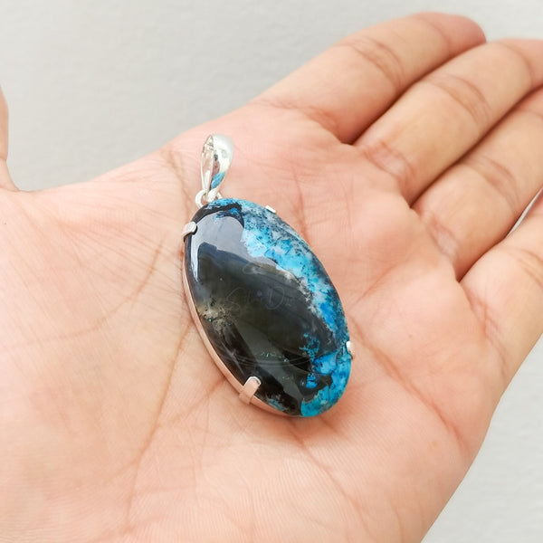 'Minimalist' Blue Dendritic Opal 925 Solid Sterling Silver Pendant