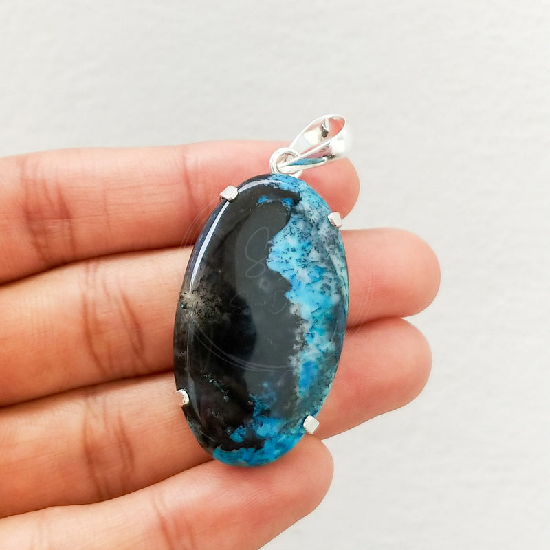 'Minimalist' Blue Dendritic Opal 925 Solid Sterling Silver Pendant