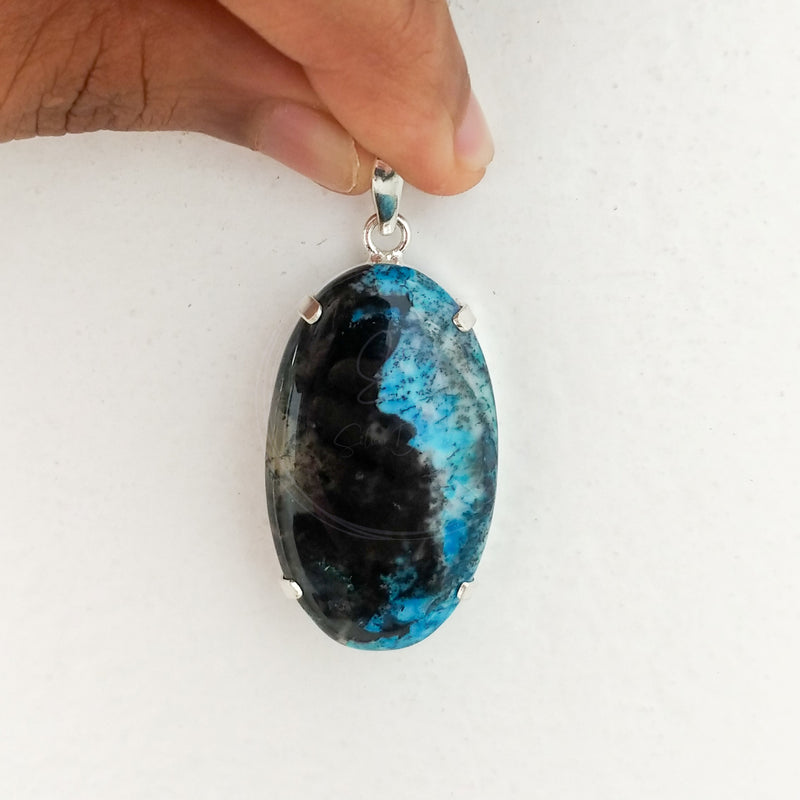 'Minimalist' Blue Dendritic Opal 925 Solid Sterling Silver Pendant