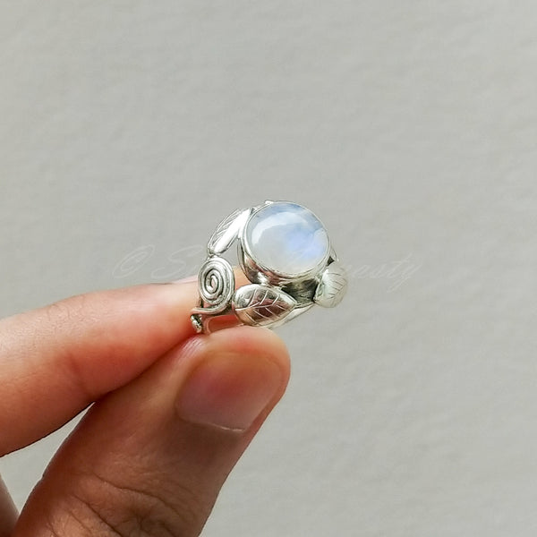 'Leaf' Rainbow Moonstone 925 Solid Sterling Silver Ring