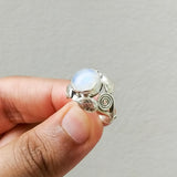 'Leaf' Rainbow Moonstone 925 Solid Sterling Silver Ring