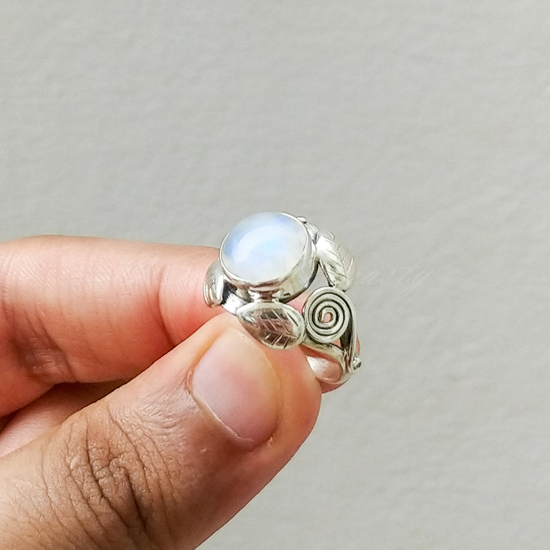 'Leaf' Rainbow Moonstone 925 Solid Sterling Silver Ring