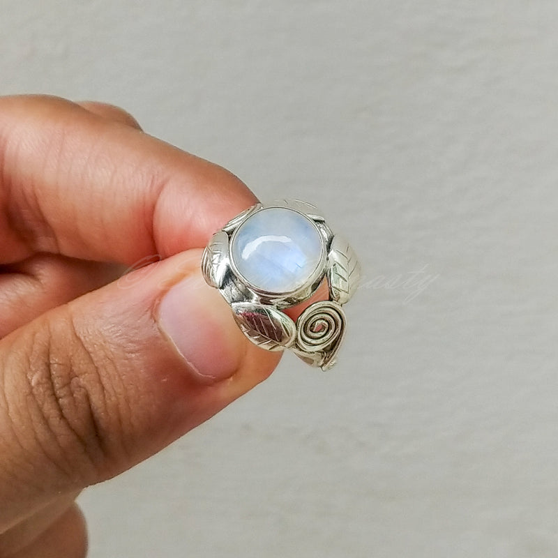 'Leaf' Rainbow Moonstone 925 Solid Sterling Silver Ring